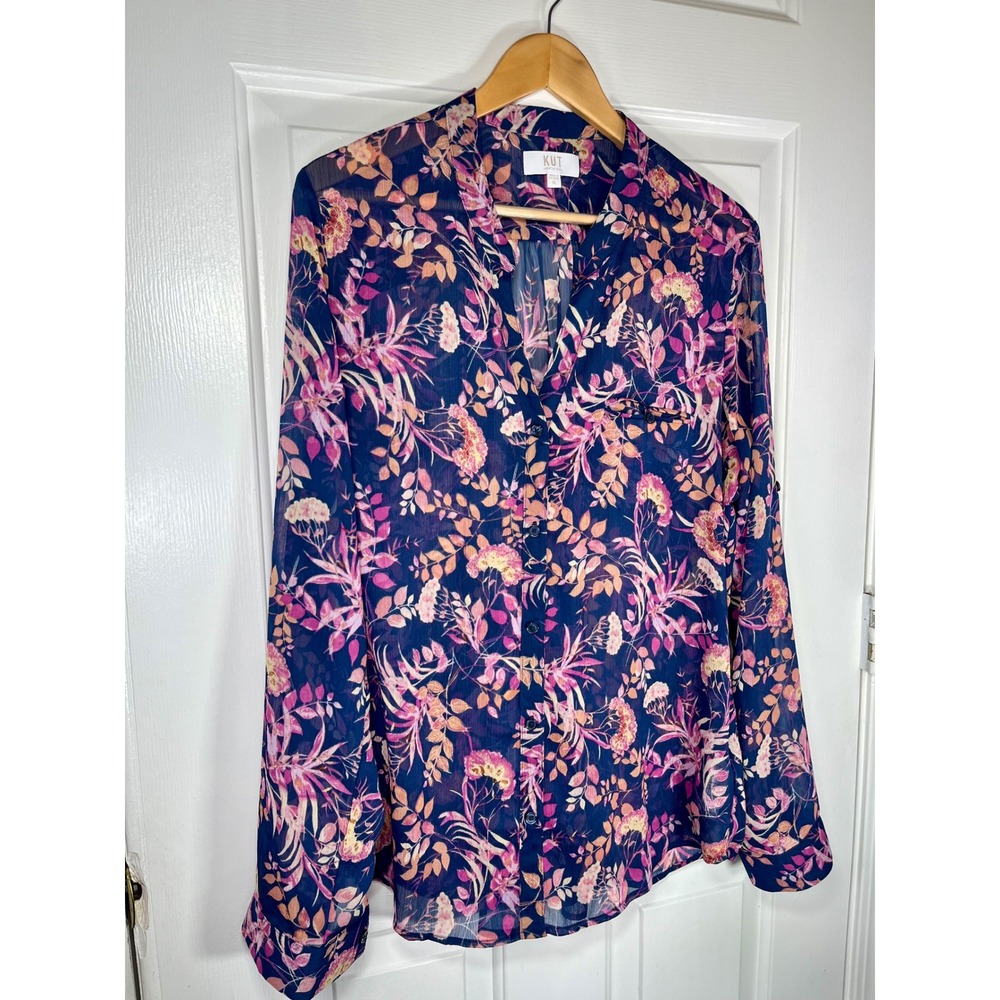 Kut from the Kloth Blouse Women‎ XL Navy Floral Sheer Roll Tab Sleeve V Neck - Picture 4 of 9